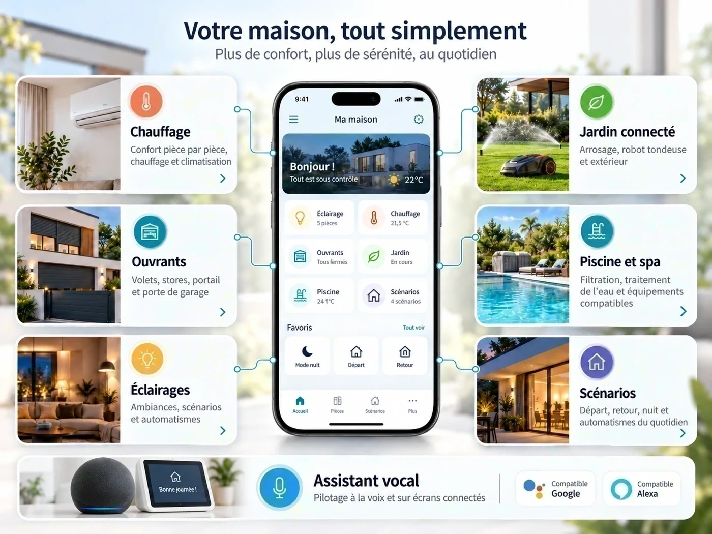 Les fonctions de la maison connectée : chauffage, ouvrants, éclairages, jardin, piscine et spa, scénarios, assistant vocal