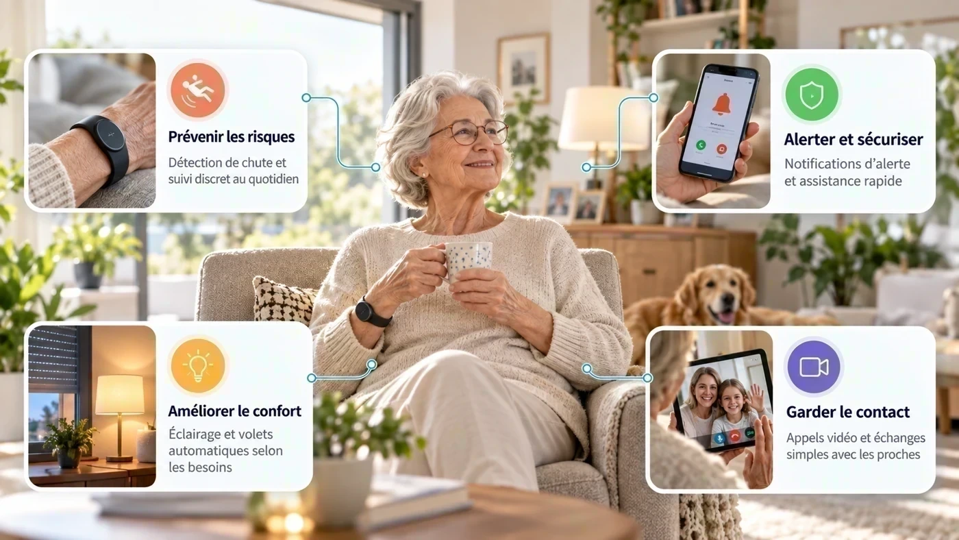 Les 4 volets de l’aide au maintien à domicile : prévenir les risques, alerter et sécuriser, améliorer le confort, garder le contact
