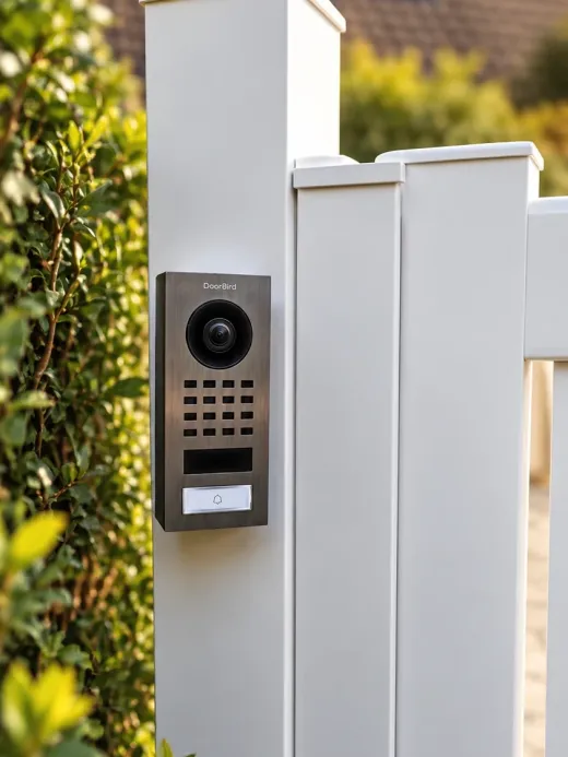 Petite platine de rue DoorBird D1101 sur support d’angle, fixée à un poteau aluminium