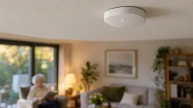 Capteur de présence radar mmWave discret au plafond d’un salon