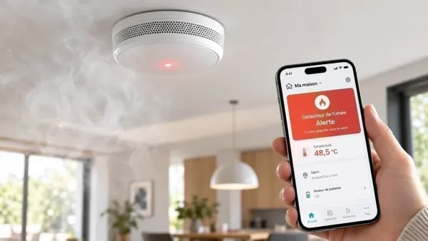 Détecteur de fumée connecté au plafond avec alerte sur le smartphone