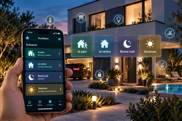 Scénarios de maison connectée sur smartphone : Je pars, Je rentre, Bonne nuit, Vacances