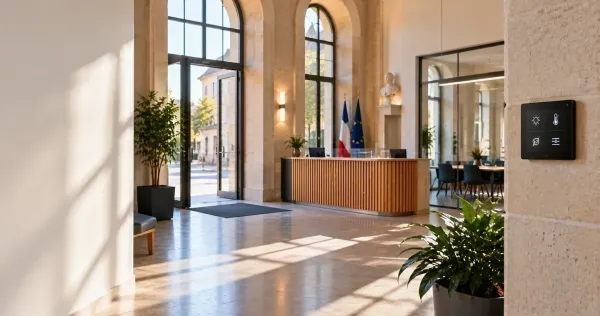 Hall d’accueil de mairie : un boîtier de commande discret, intégré à l’existant (photo d’illustration)