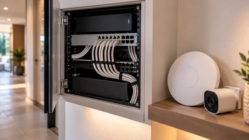 Coffret réseau avec switch Ethernet, borne Wi-Fi et caméra de vidéosurveillance