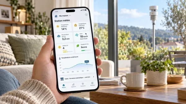 Tableau de bord de la station météo sur smartphone : température, pluviométrie, vent, UV, qualité de l’air