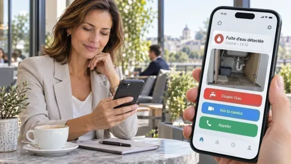 Notification de fuite d’eau détectée dans la cuisine sur le smartphone, avec les actions Couper l’eau, Voir la caméra, Appeler