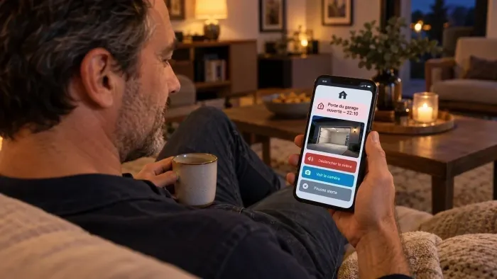 Notification de porte de garage ouverte le soir sur le smartphone, avec les actions Déclencher la sirène, Voir la caméra, Fausse alerte