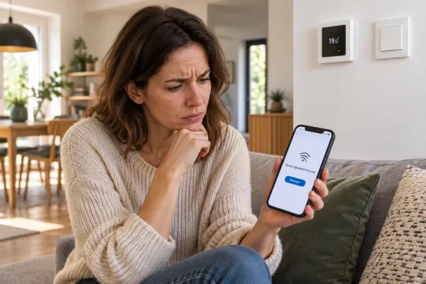 Habitante d’un logement déjà équipé devant une application qui ne trouve aucun appareil