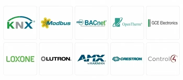 Protocoles filaires, bus et systèmes : KNX, Modbus, BACnet, OpenTherm, GCE Electronics, Loxone, Lutron, AMX, Crestron, Control4