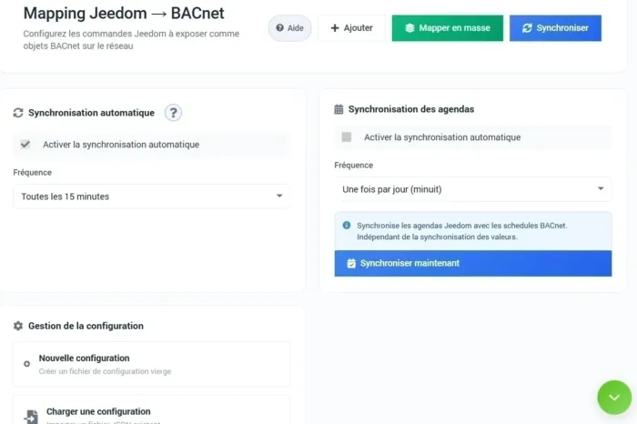 Écran de correspondance entre les commandes Jeedom et les objets BACnet exposés