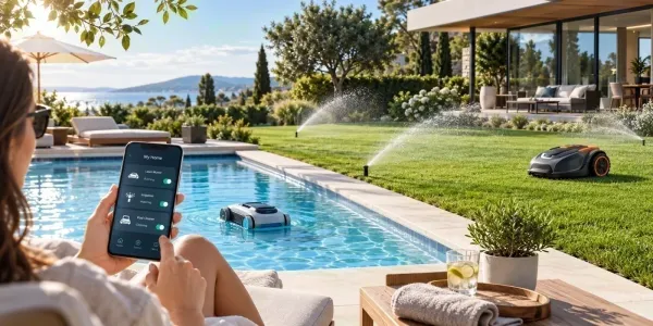 Jardin connecté : arrosage, robot tondeuse et robot de piscine pilotés depuis un smartphone