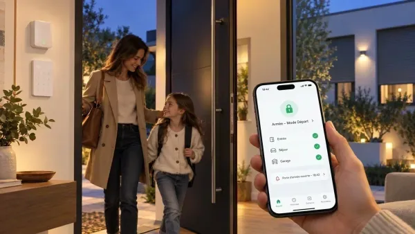 Alarme connectée armée en mode Départ : zones Entrée, Séjour, Garage sur le smartphone