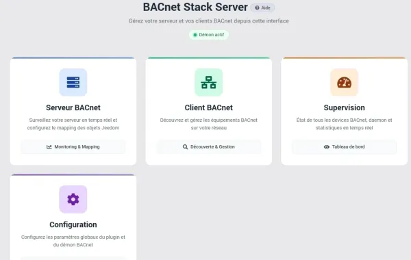 Plugin BACnet Stack Server dans Jeedom : modules Serveur BACnet, Client BACnet, Supervision et Configuration