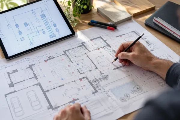 Plans d’implantation annotés et schéma technique sur tablette
