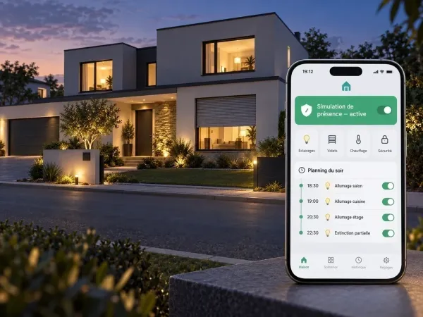 Simulation de présence active : planning du soir des éclairages sur le smartphone, maison éclairée