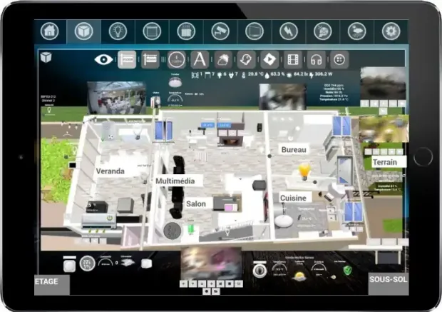 Interface Jeedom sur mesure : vue 3D du logement sur tablette