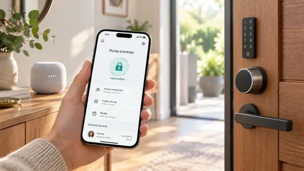 Serrure connectée avec digicode sur la porte d’entrée : accès temporaire, code, badge depuis l’application